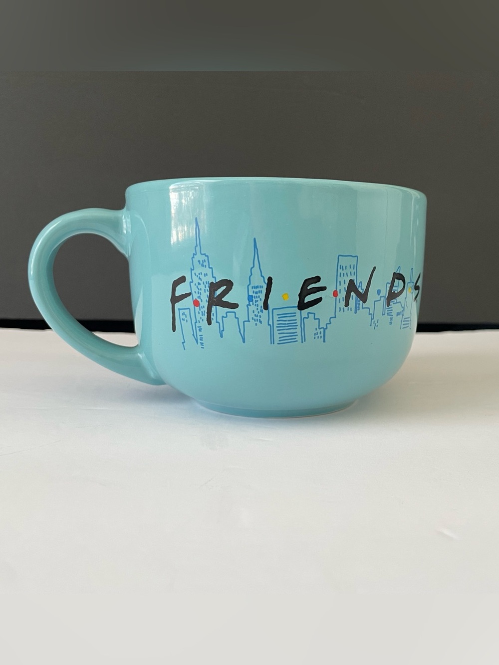 FRIENDS 24 oz Turquoise Mug with Skyline and Joey’s favorite line, How you doin?